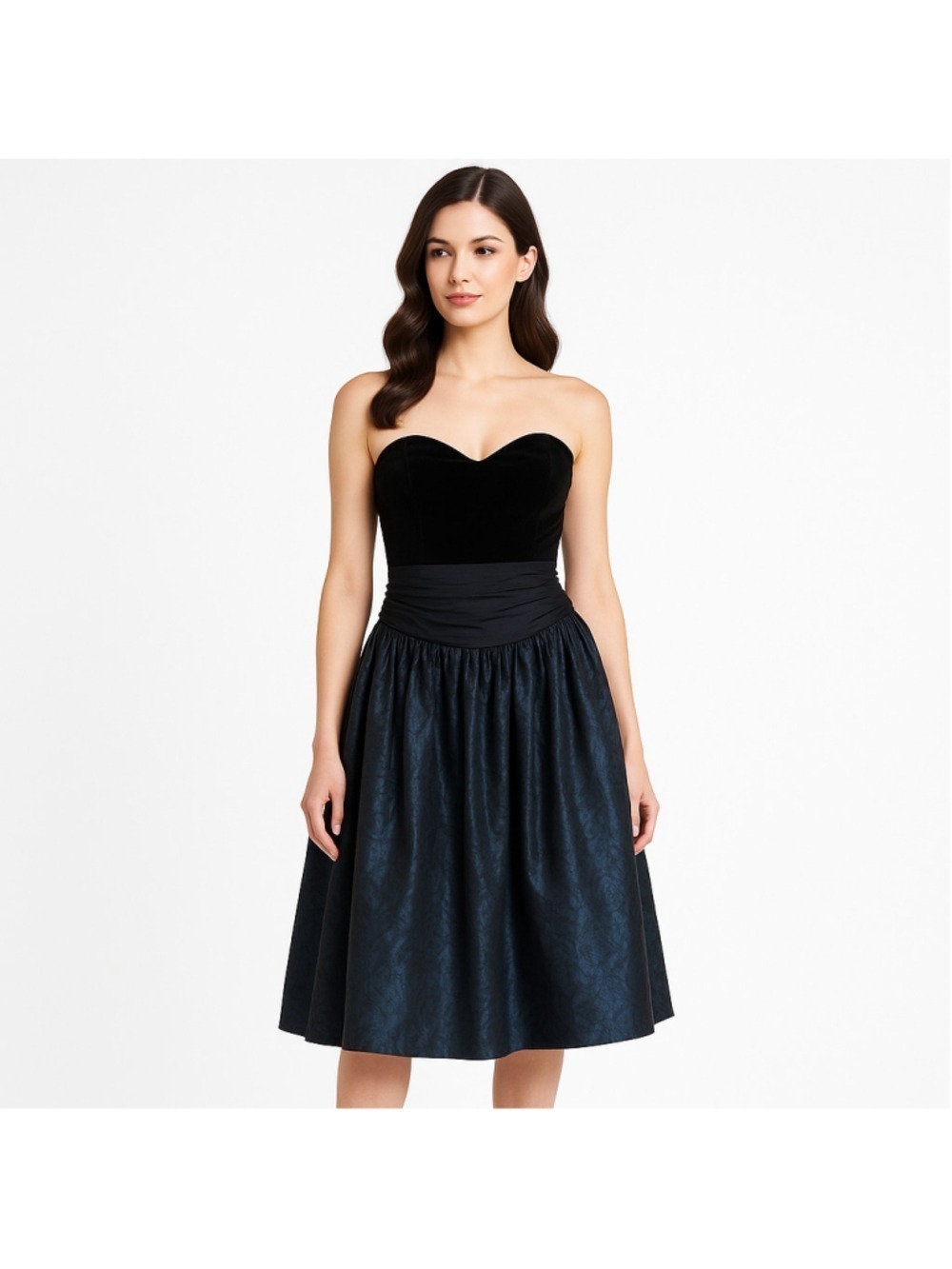 Vintage 80s Laura Ashley Black Blue Strapless Velvet & Taffeta Party Dress S/M